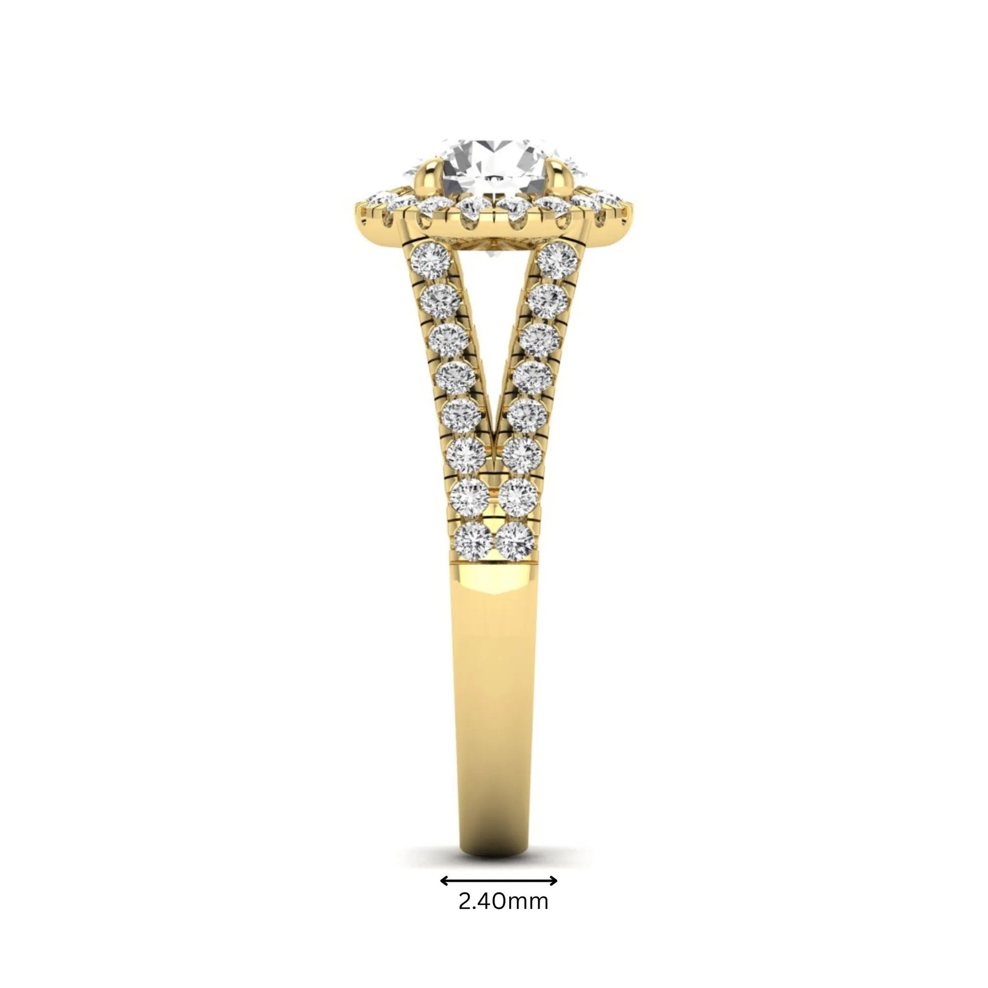Round cut lab grown diamond halo engagement ring with pavé split shank and round accent diamonds in a yellow gold tone design.