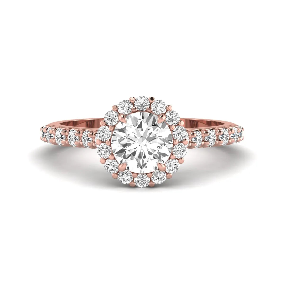 Round halo lab grown diamond engagement ring featuring a 6.50 mm round center diamond with pavé band and prong-set halo in a rose gold tone design.