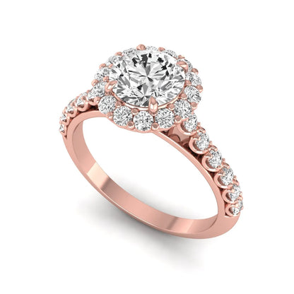 Round halo lab grown diamond engagement ring featuring a 6.50 mm round center diamond with pavé band and prong-set halo in a rose gold tone design.