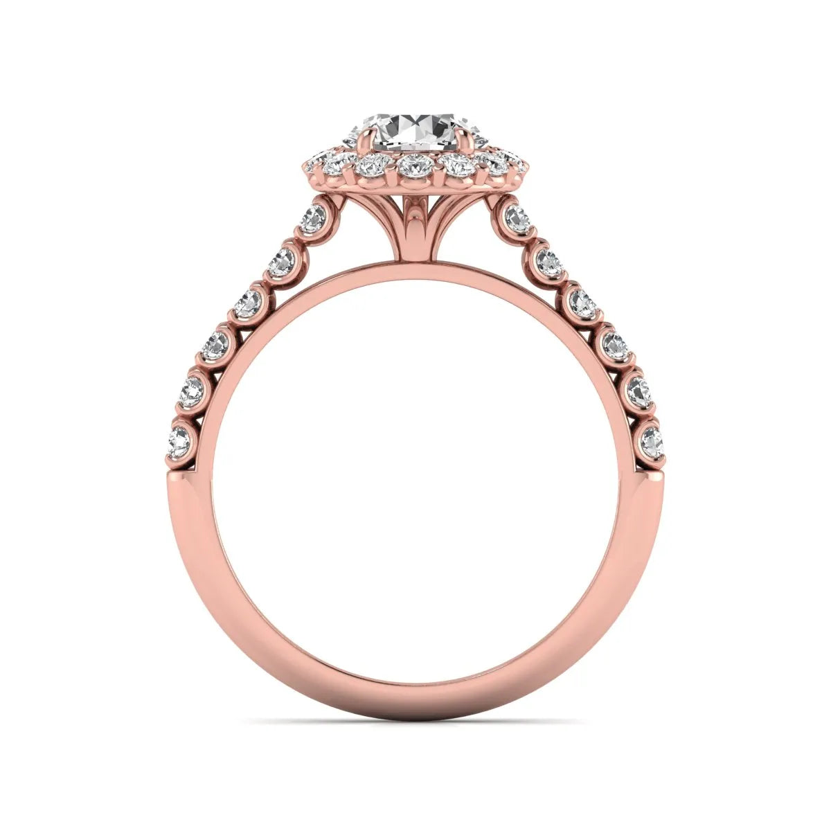 Round halo lab grown diamond engagement ring featuring a 6.50 mm round center diamond with pavé band and prong-set halo in a rose gold tone design.