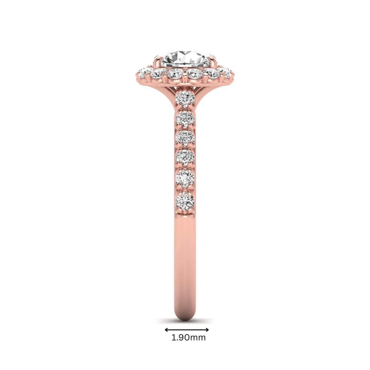 Round halo lab grown diamond engagement ring featuring a 6.50 mm round center diamond with pavé band and prong-set halo in a rose gold tone design.