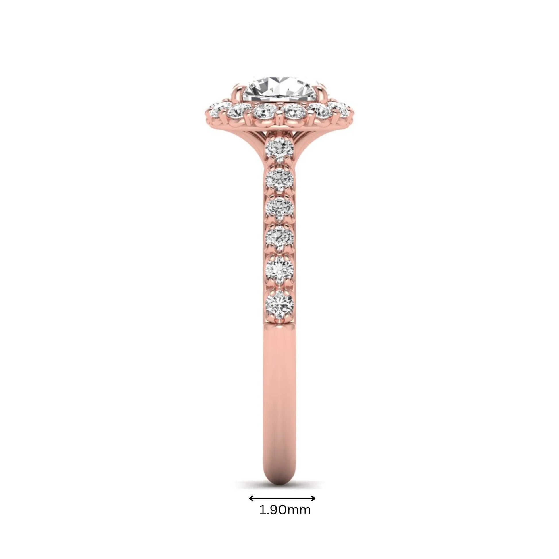 Round halo lab grown diamond engagement ring featuring a 6.50 mm round center diamond with pavé band and prong-set halo in a rose gold tone design.