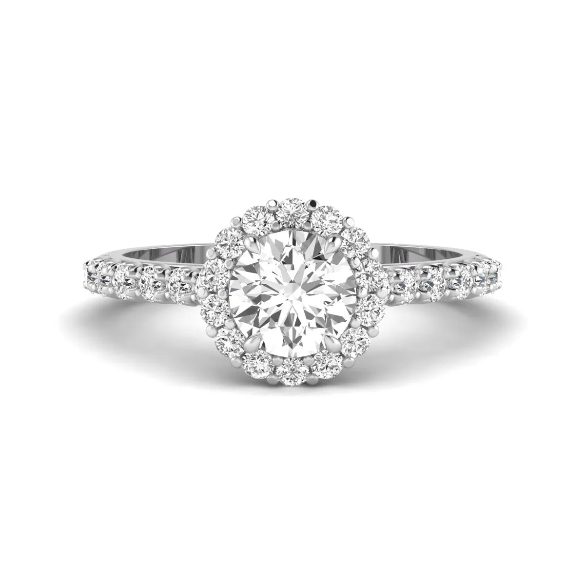 Round halo lab grown diamond engagement ring featuring a 6.50 mm round center diamond with pavé band and prong-set halo in a white gold tone design.