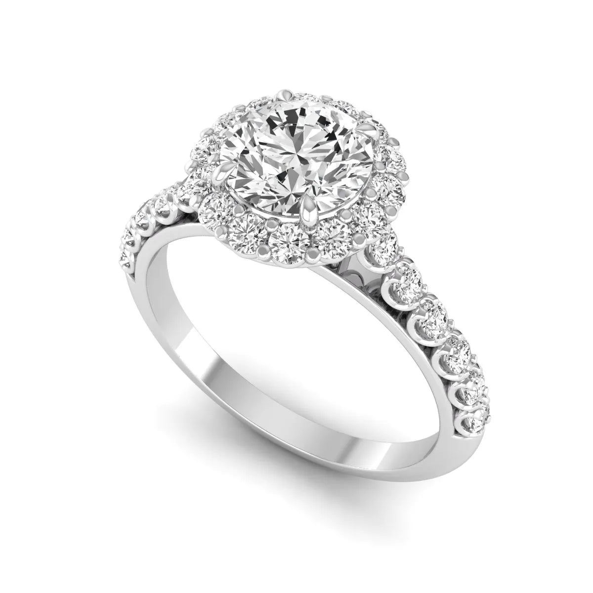Round halo lab grown diamond engagement ring featuring a 6.50 mm round center diamond with pavé band and prong-set halo in a white gold tone design.