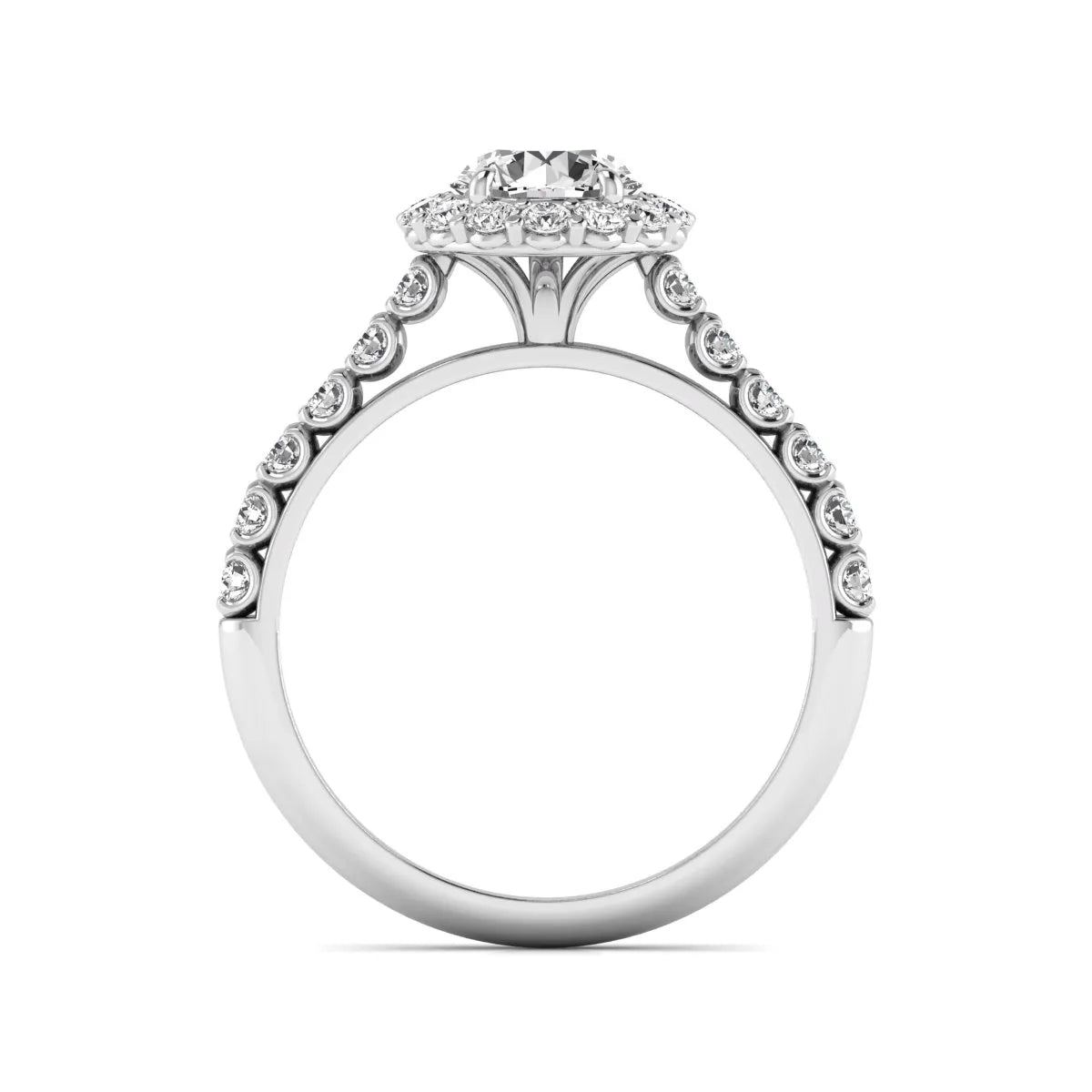 Round halo lab grown diamond engagement ring featuring a 6.50 mm round center diamond with pavé band and prong-set halo in a white gold tone design.