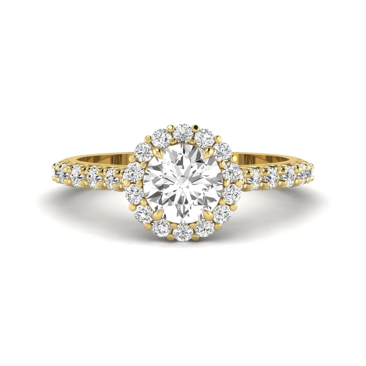 Round halo lab grown diamond engagement ring featuring a 6.50 mm round center diamond with pavé band and prong-set halo in a yellow gold tone design.
