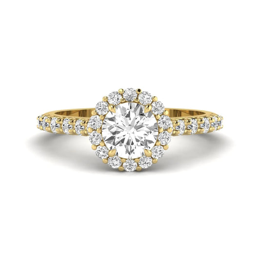 Round halo lab grown diamond engagement ring featuring a 6.50 mm round center diamond with pavé band and prong-set halo in a yellow gold tone design.