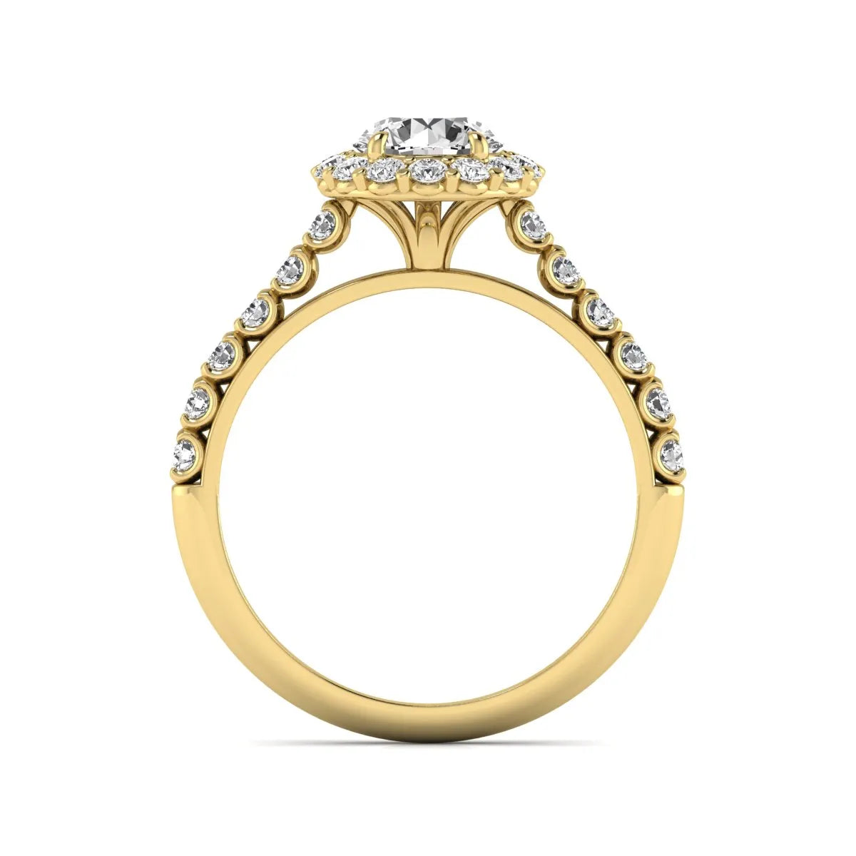 Round halo lab grown diamond engagement ring featuring a 6.50 mm round center diamond with pavé band and prong-set halo in a yellow gold tone design.