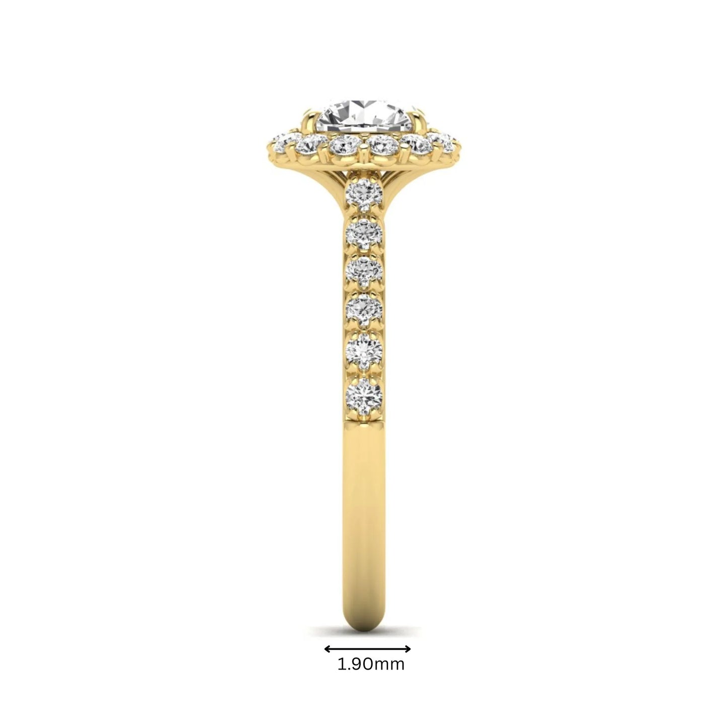 Round halo lab grown diamond engagement ring featuring a 6.50 mm round center diamond with pavé band and prong-set halo in a yellow gold tone design.