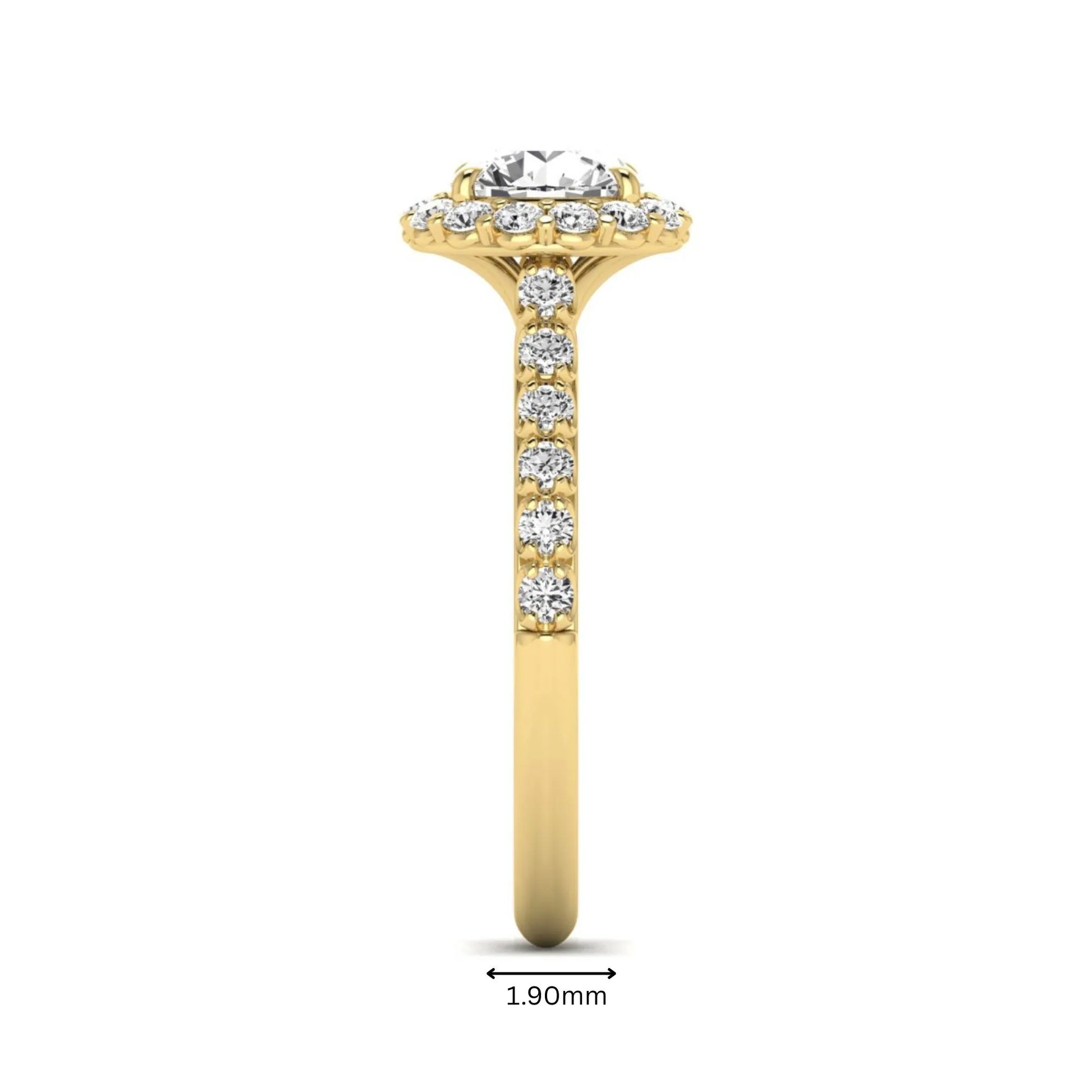 Round halo lab grown diamond engagement ring featuring a 6.50 mm round center diamond with pavé band and prong-set halo in a yellow gold tone design.
