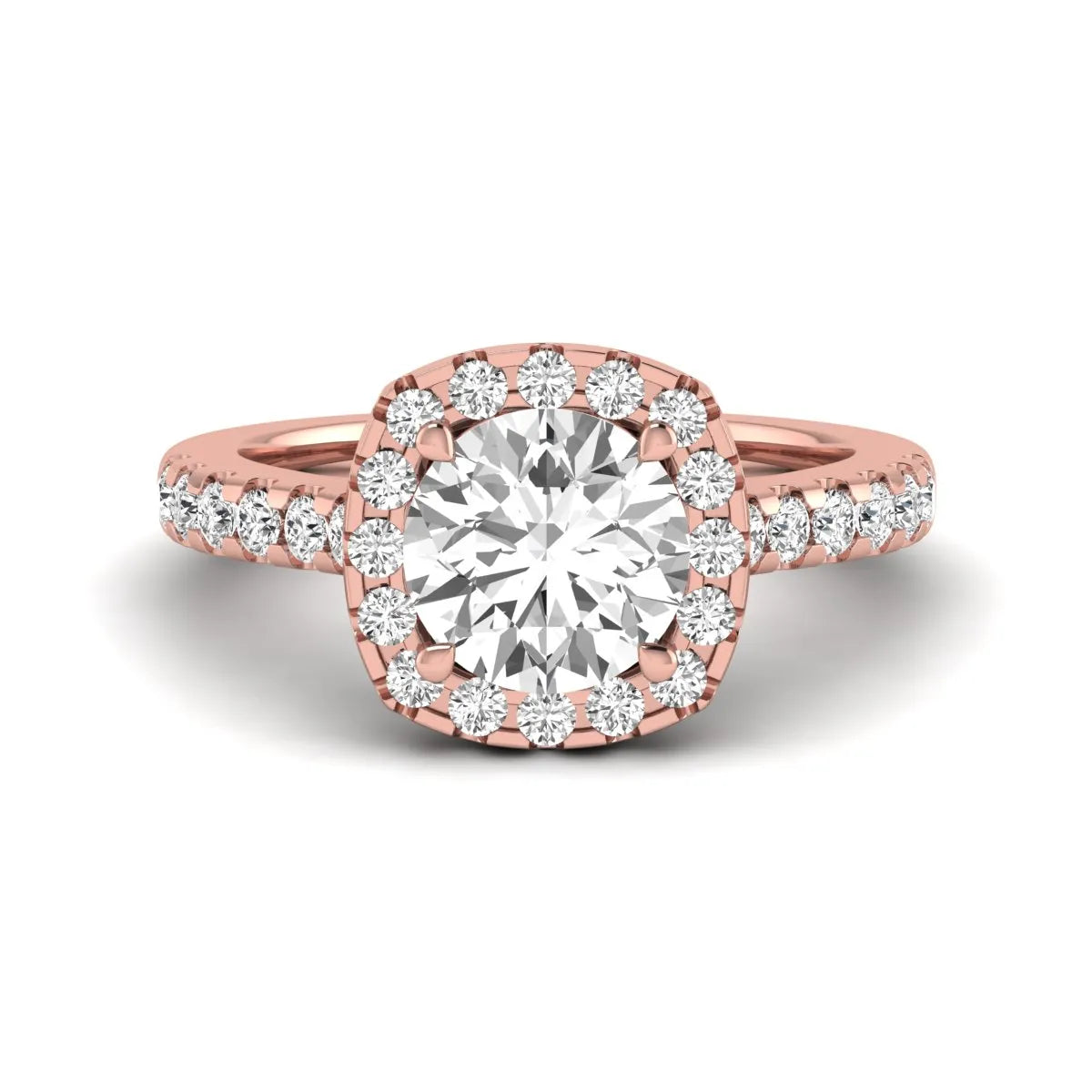 Round halo prong set lab grown diamond engagement ring featuring a 2.00 carat round center diamond with round halo and pavé accent diamonds in rose gold finish.