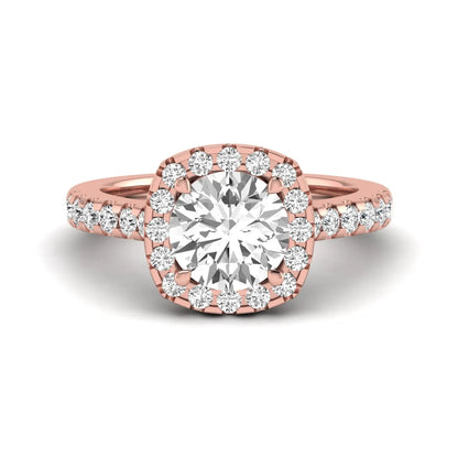 Round halo prong set lab grown diamond engagement ring featuring a 2.00 carat round center diamond with round halo and pavé accent diamonds in rose gold finish.