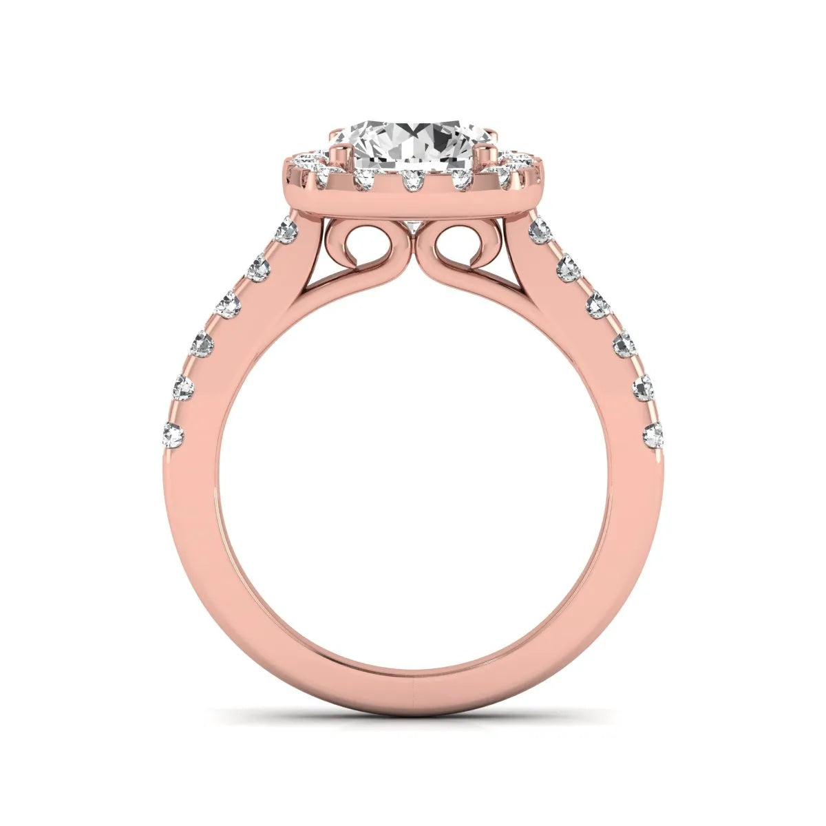 Round halo prong set lab grown diamond engagement ring featuring a 2.00 carat round center diamond with round halo and pavé accent diamonds in rose gold finish.