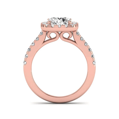 Round halo prong set lab grown diamond engagement ring featuring a 2.00 carat round center diamond with round halo and pavé accent diamonds in rose gold finish.
