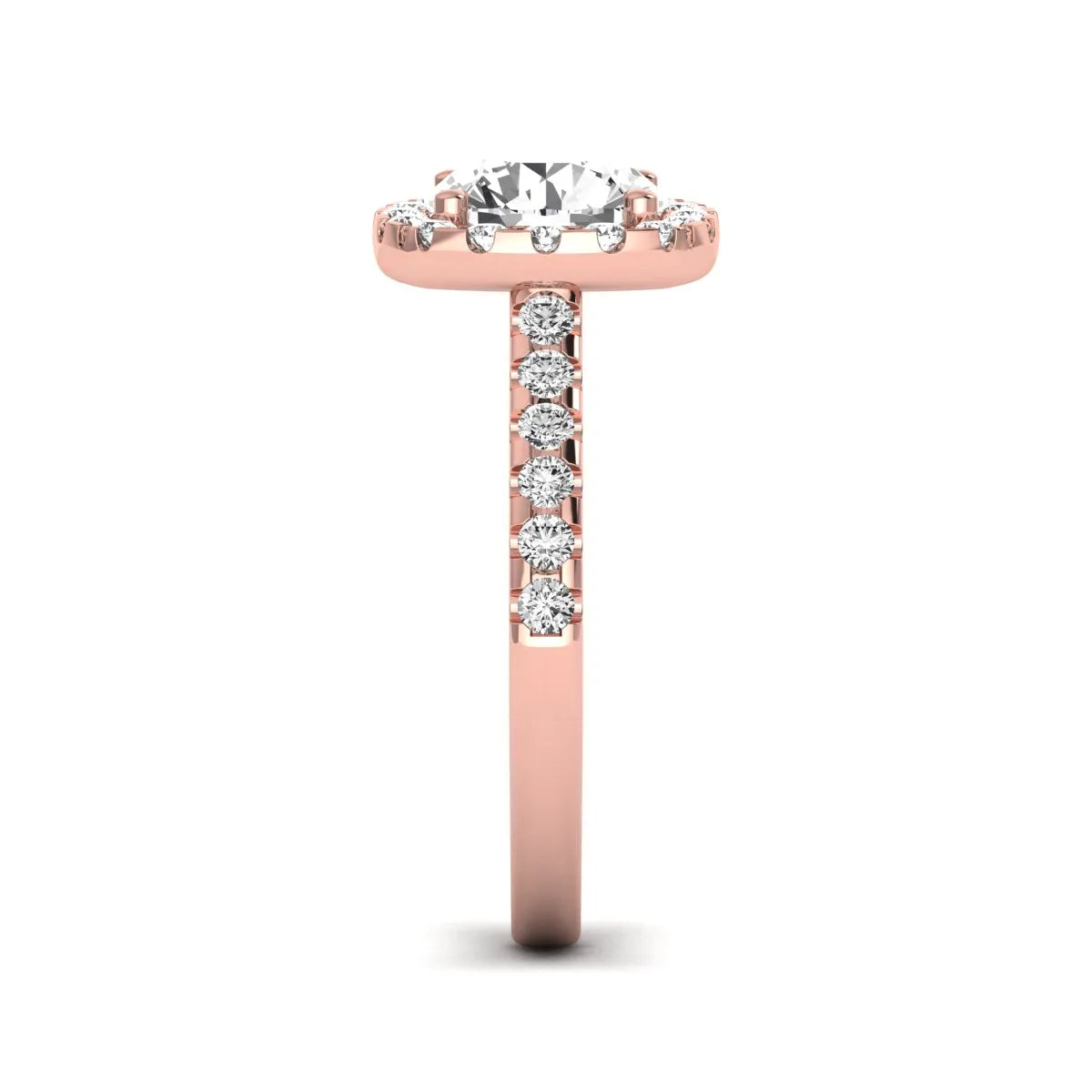 Round halo prong set lab grown diamond engagement ring featuring a 2.00 carat round center diamond with round halo and pavé accent diamonds in rose gold finish.
