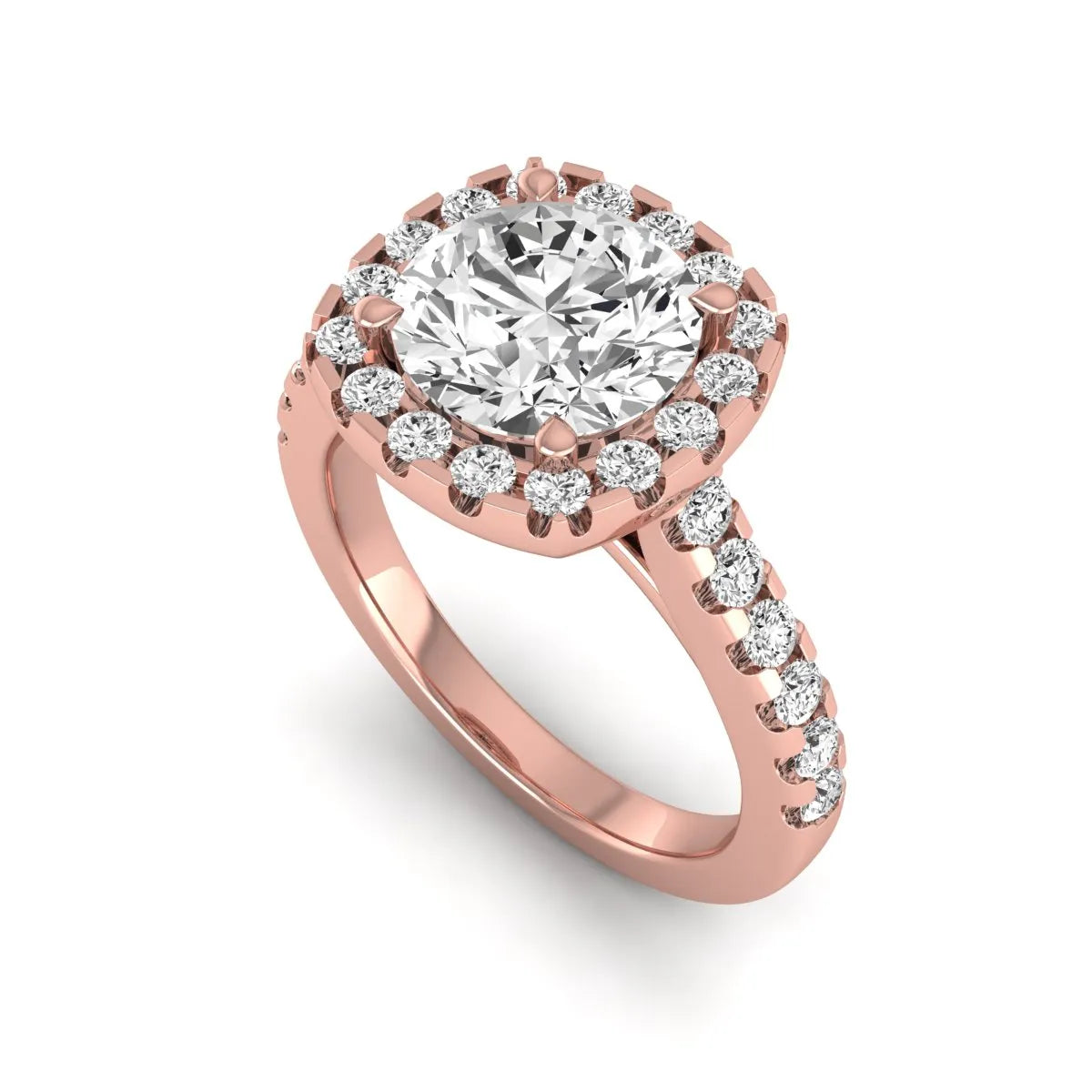 Round halo prong set lab grown diamond engagement ring featuring a 2.00 carat round center diamond with round halo and pavé accent diamonds in rose gold finish.