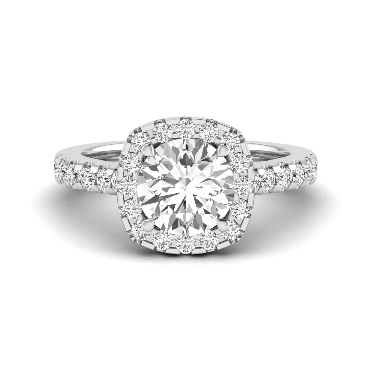 Round halo prong set lab grown diamond engagement ring featuring a 2.00 carat round center diamond with round halo and pavé accent diamonds in white gold finish.