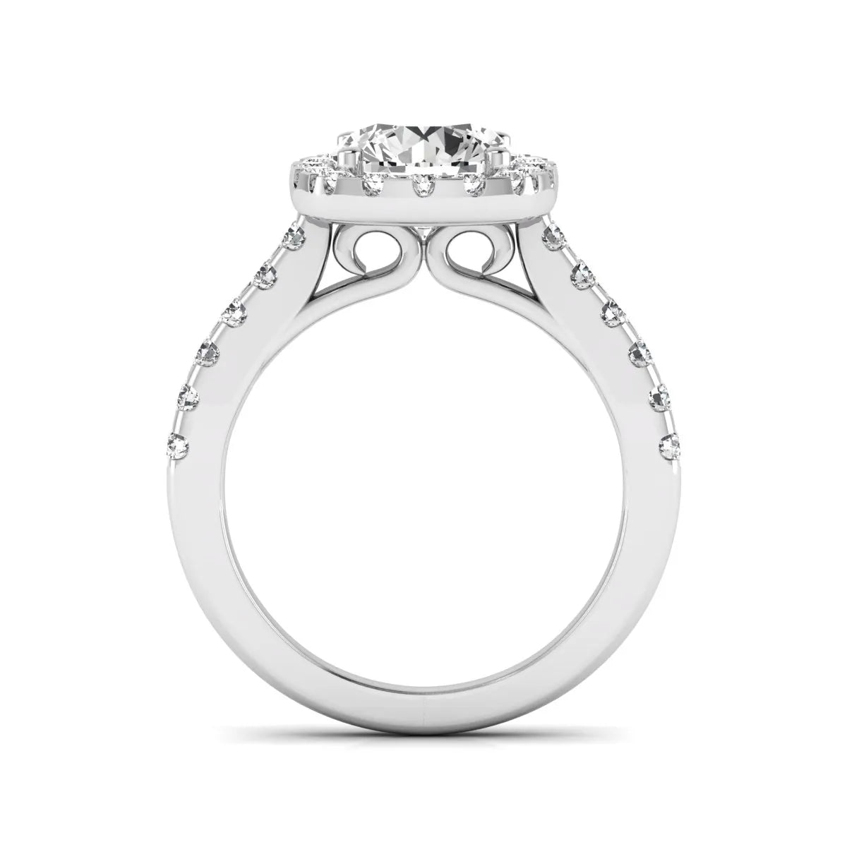 Round halo prong set lab grown diamond engagement ring featuring a 2.00 carat round center diamond with round halo and pavé accent diamonds in white gold finish.