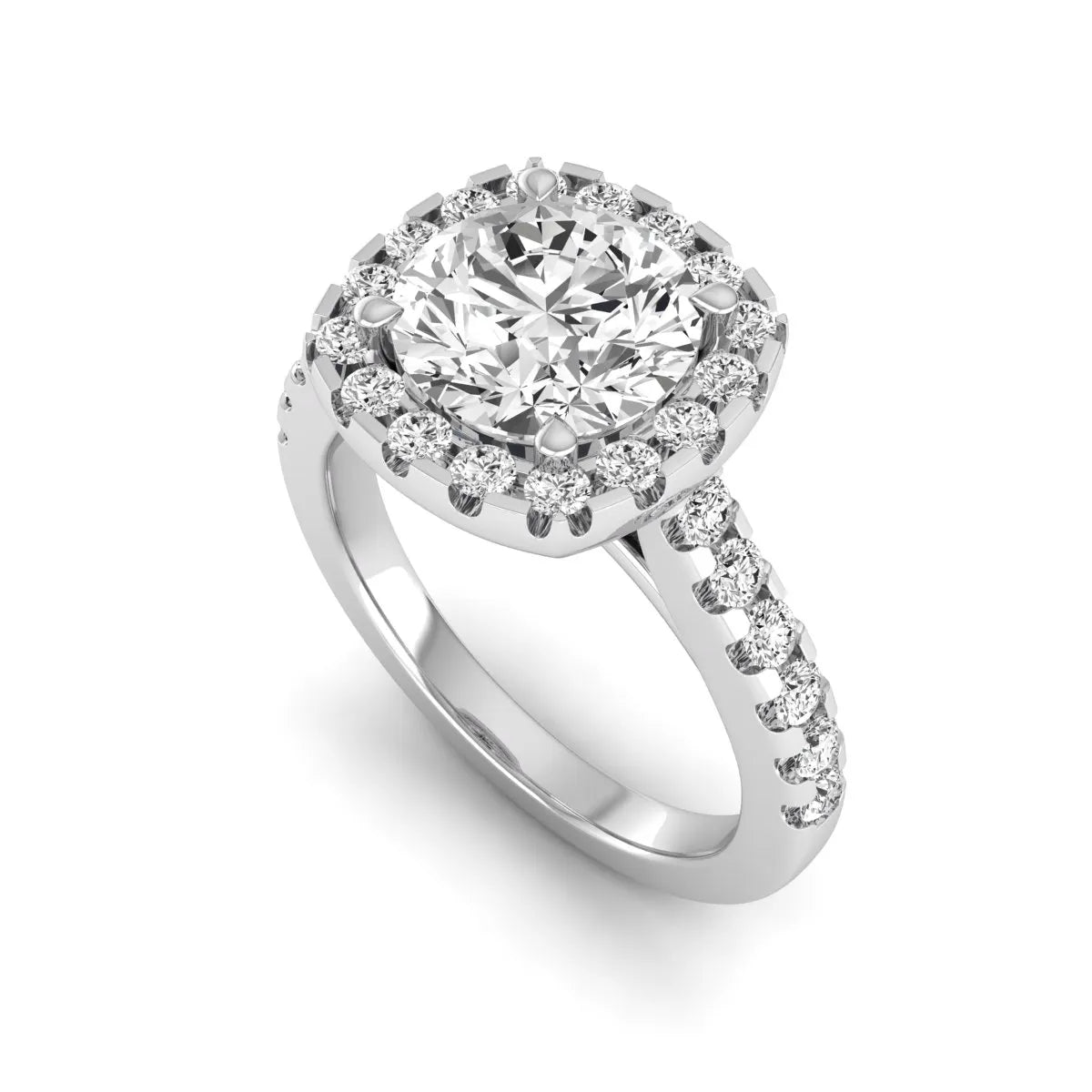 Round halo prong set lab grown diamond engagement ring featuring a 2.00 carat round center diamond with round halo and pavé accent diamonds in white gold finish.