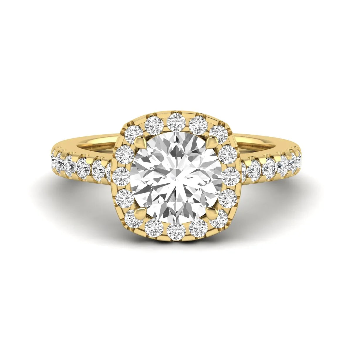 Round halo prong set lab grown diamond engagement ring featuring a 2.00 carat round center diamond with round halo and pavé accent diamonds in yellow gold finish.