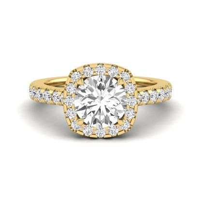 Round halo prong set lab grown diamond engagement ring featuring a 2.00 carat round center diamond with round halo and pavé accent diamonds in yellow gold finish.
