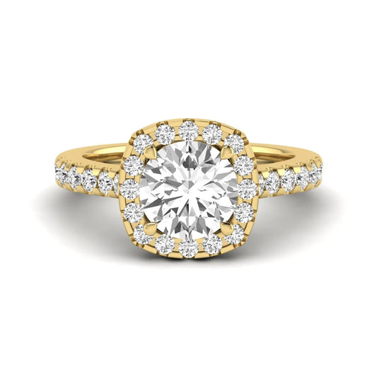 Round halo prong set lab grown diamond engagement ring featuring a 2.00 carat round center diamond with round halo and pavé accent diamonds in yellow gold finish.