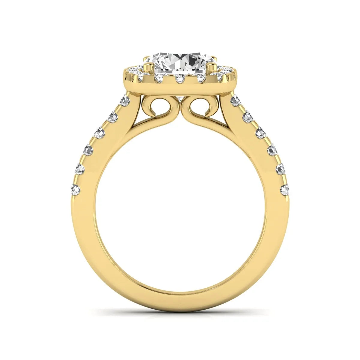 Round halo prong set lab grown diamond engagement ring featuring a 2.00 carat round center diamond with round halo and pavé accent diamonds in yellow gold finish.