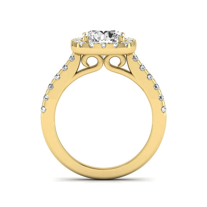 Round halo prong set lab grown diamond engagement ring featuring a 2.00 carat round center diamond with round halo and pavé accent diamonds in yellow gold finish.