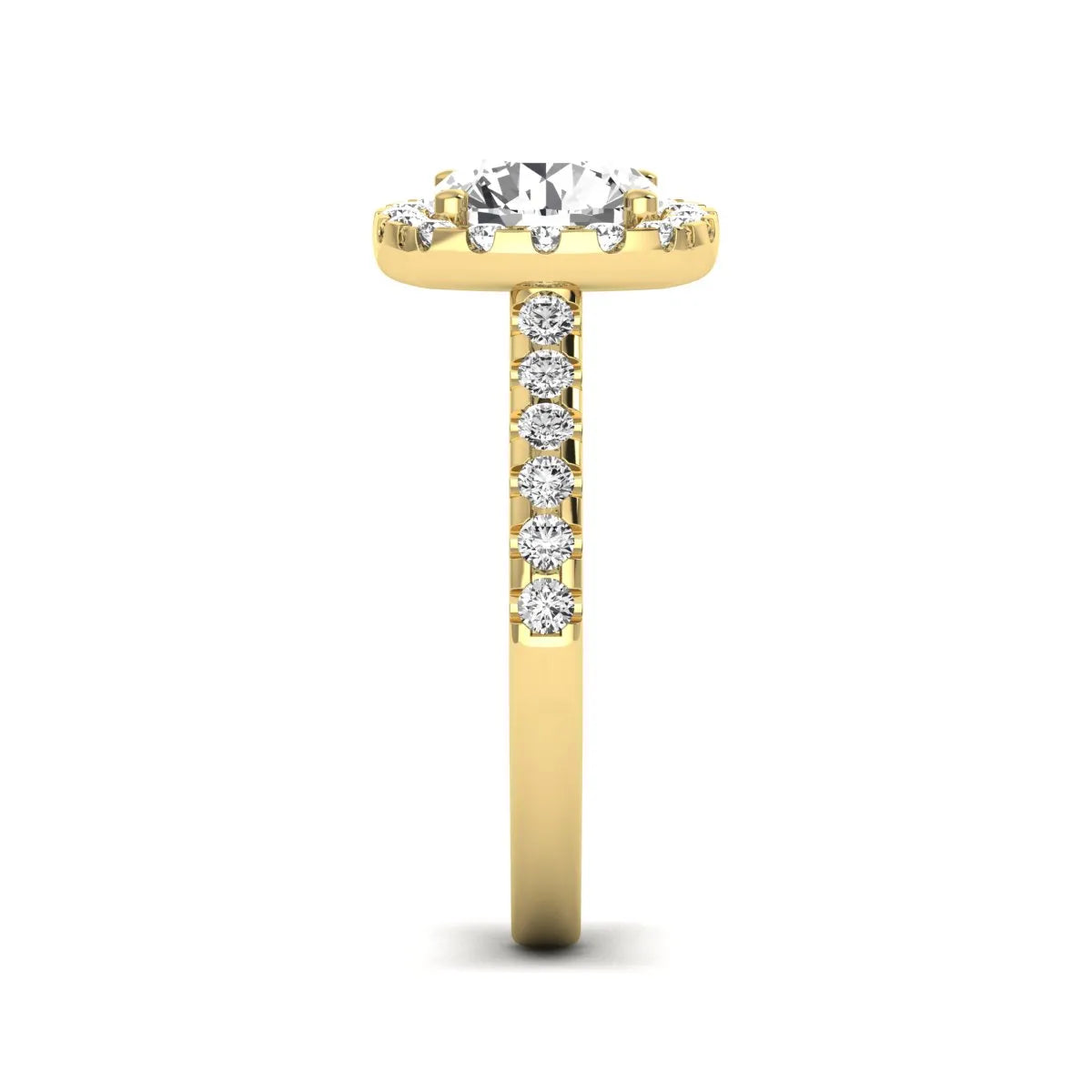 Round halo prong set lab grown diamond engagement ring featuring a 2.00 carat round center diamond with round halo and pavé accent diamonds in yellow gold finish.