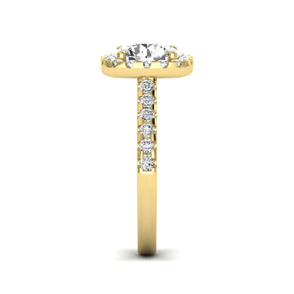 Round halo prong set lab grown diamond engagement ring featuring a 2.00 carat round center diamond with round halo and pavé accent diamonds in yellow gold finish.