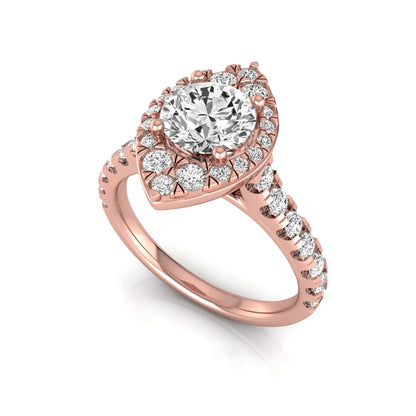 Round cut lab grown diamond engagement ring with a sparkling halo, pavé side stones, and four-prong setting in rose gold style.