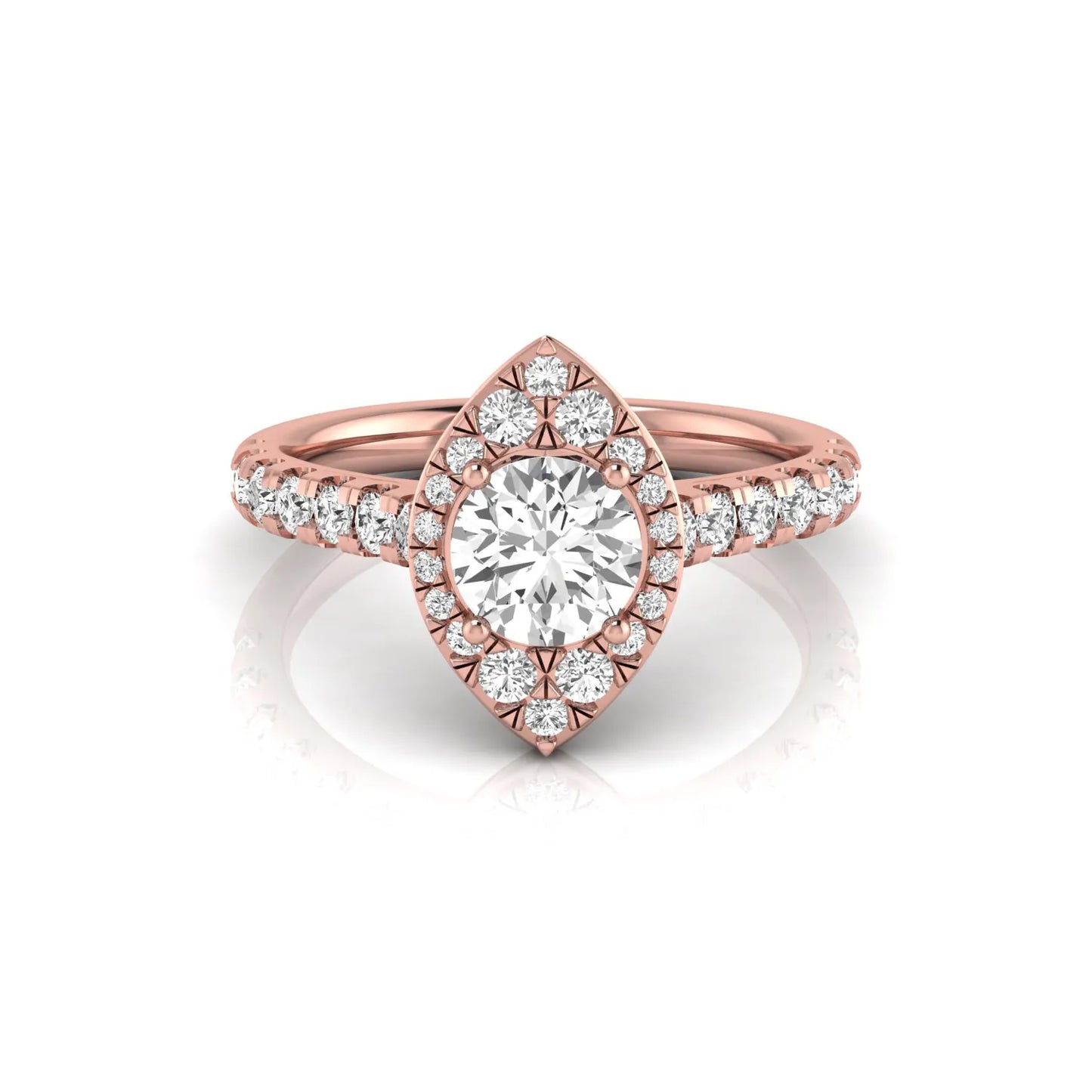Round cut lab grown diamond engagement ring with a sparkling halo, pavé side stones, and four-prong setting in rose gold style.