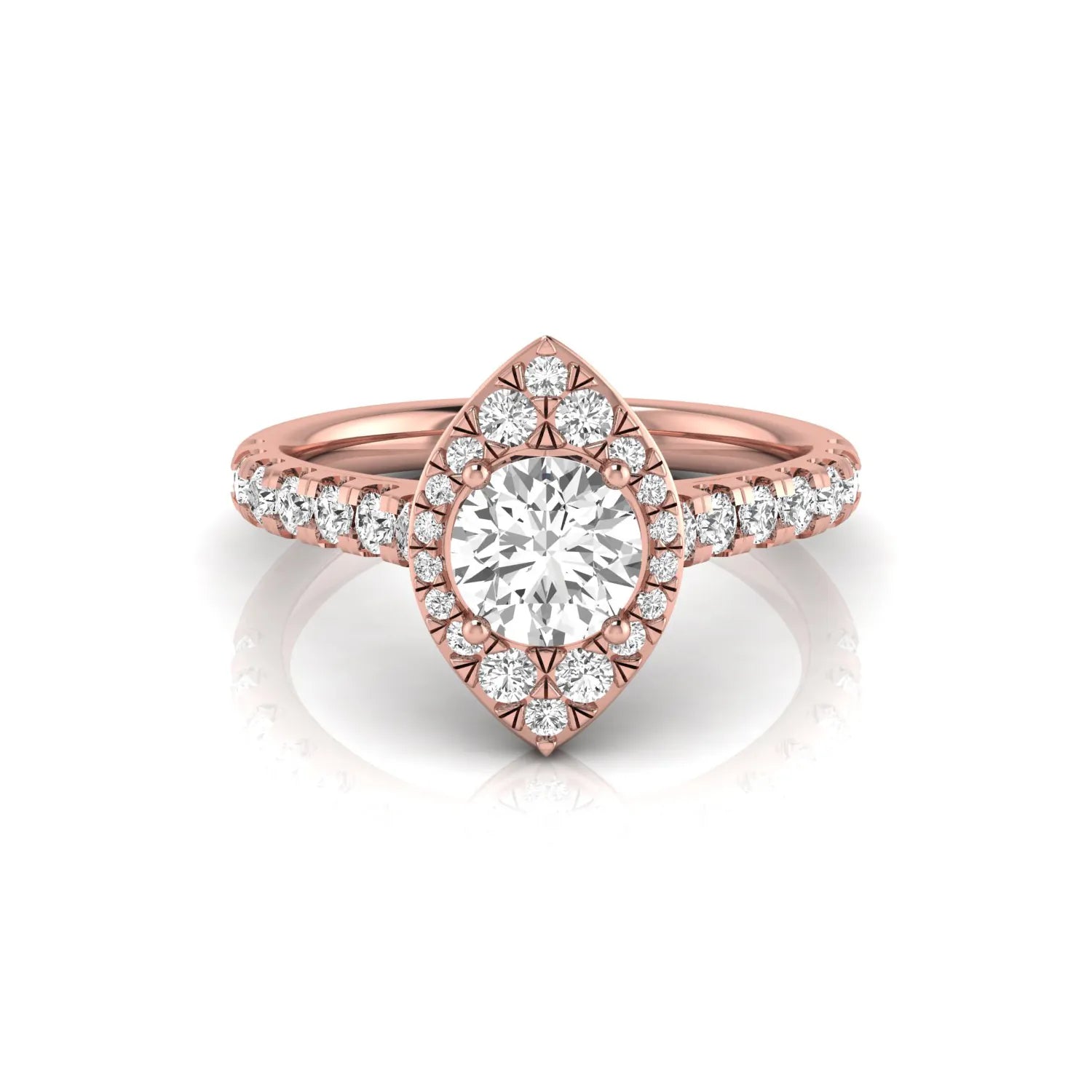 Round cut lab grown diamond engagement ring with a sparkling halo, pavé side stones, and four-prong setting in rose gold style.