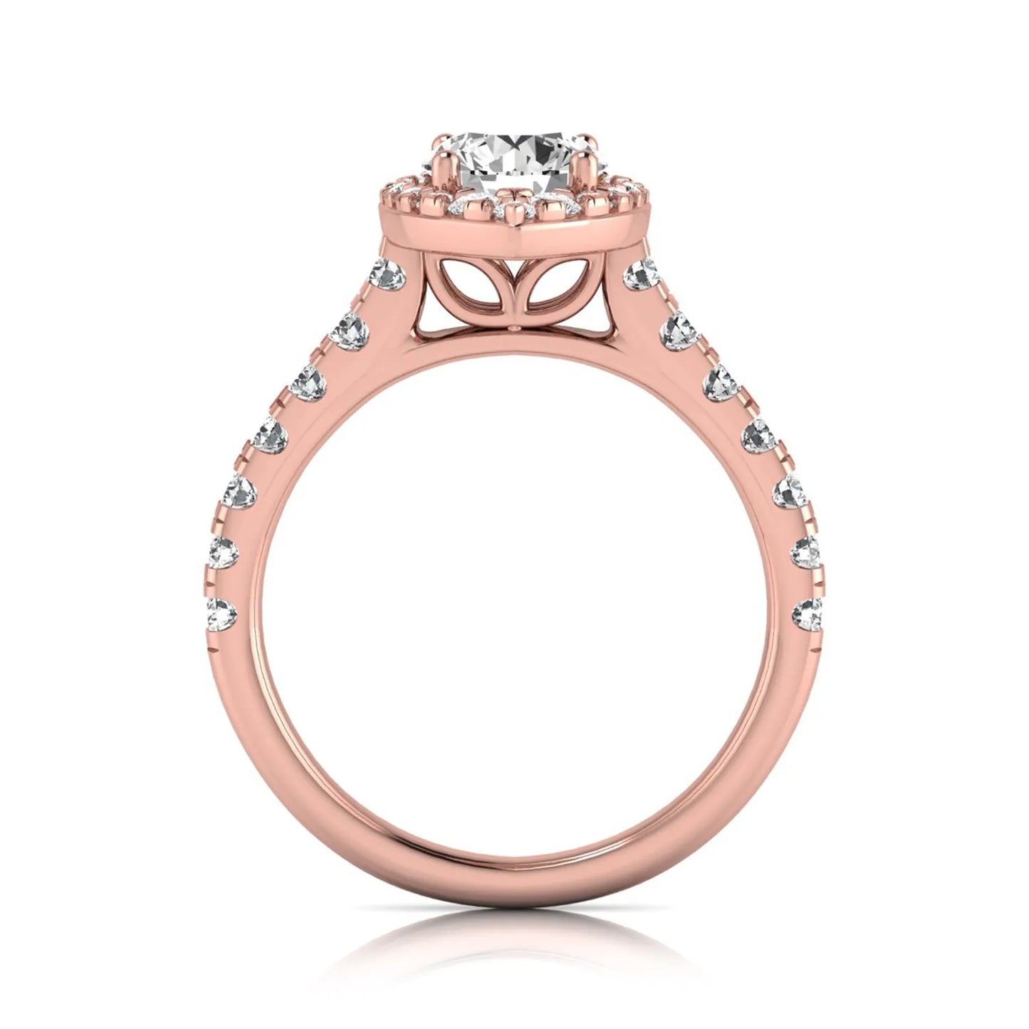 Round cut lab grown diamond engagement ring with a sparkling halo, pavé side stones, and four-prong setting in rose gold style.