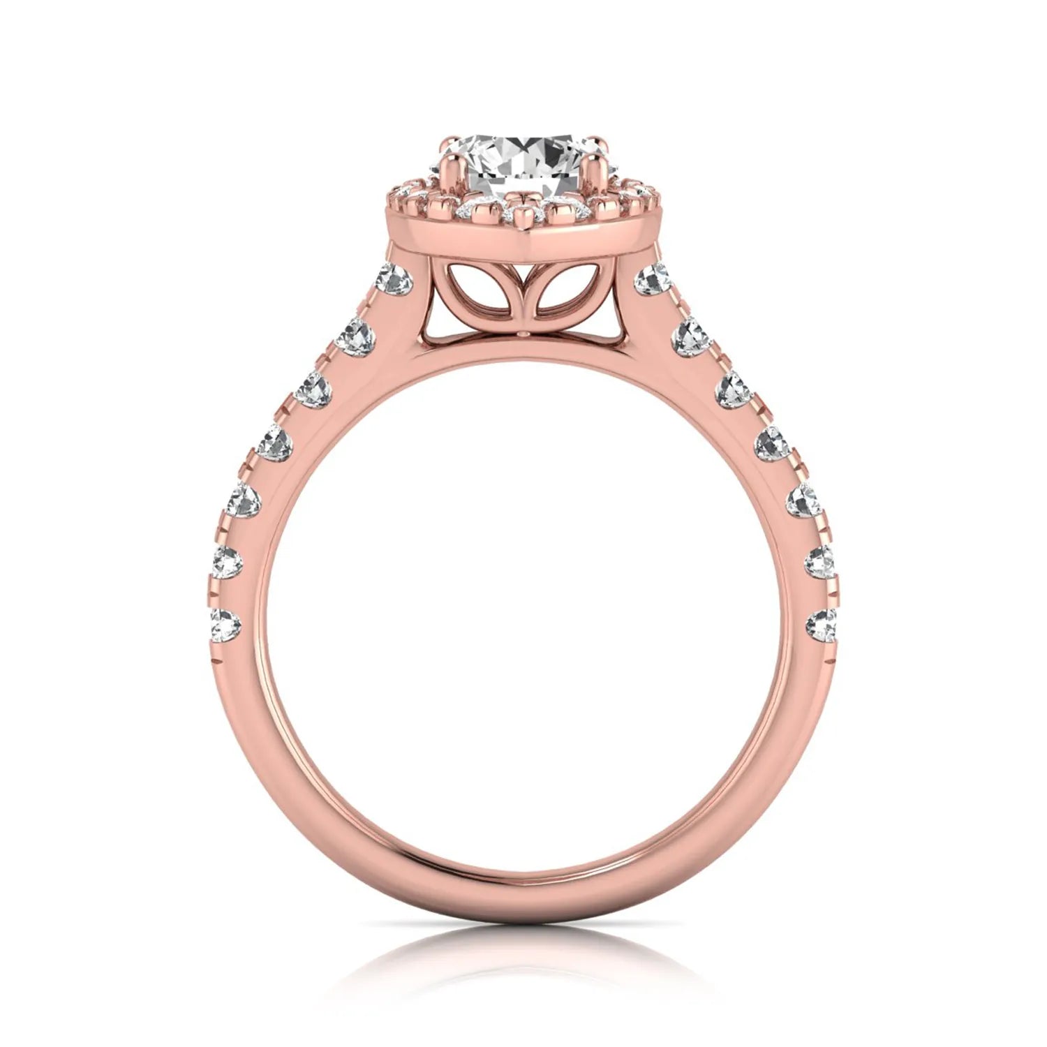 Round cut lab grown diamond engagement ring with a sparkling halo, pavé side stones, and four-prong setting in rose gold style.