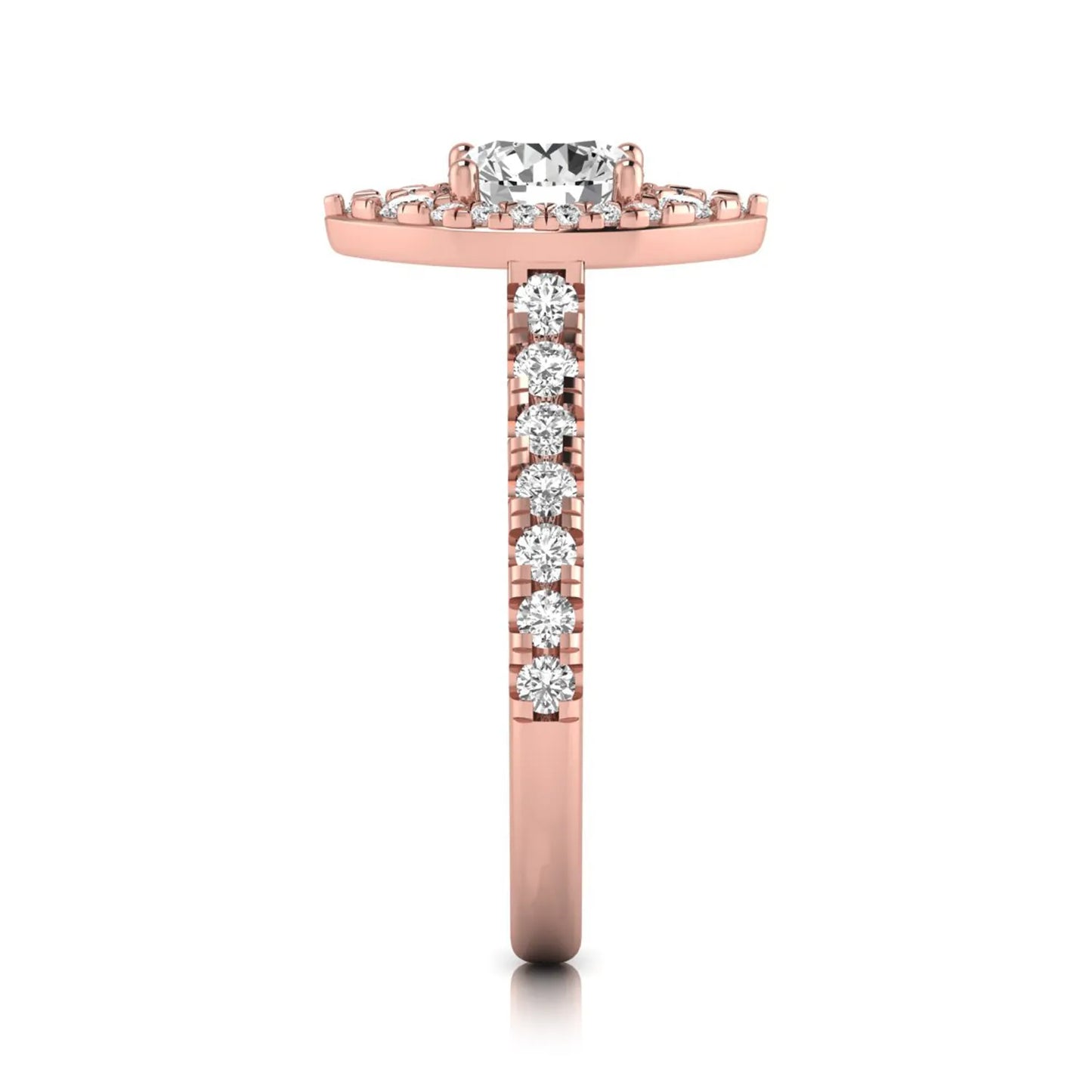 Round cut lab grown diamond engagement ring with a sparkling halo, pavé side stones, and four-prong setting in rose gold style.