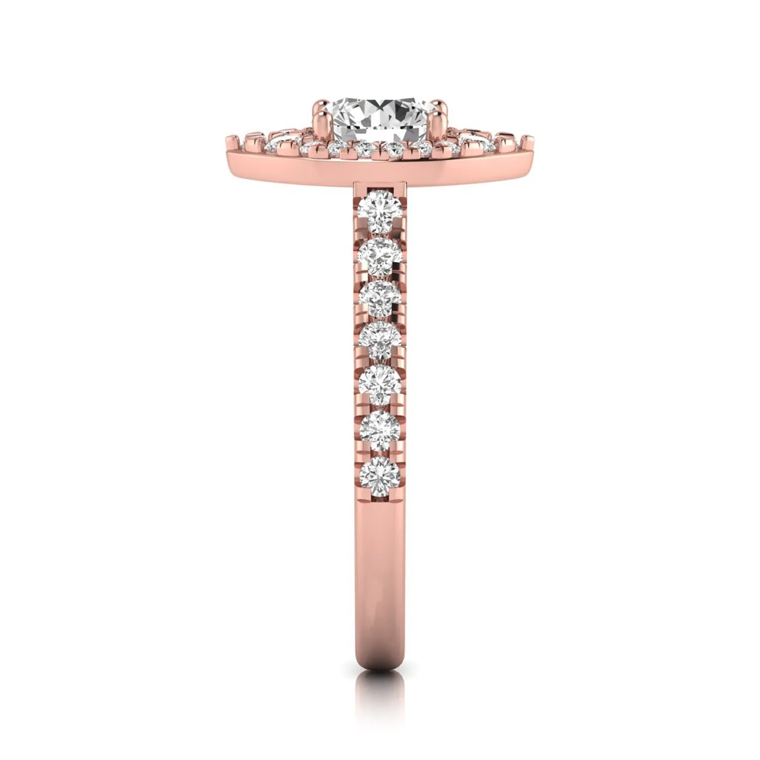 Round cut lab grown diamond engagement ring with a sparkling halo, pavé side stones, and four-prong setting in rose gold style.