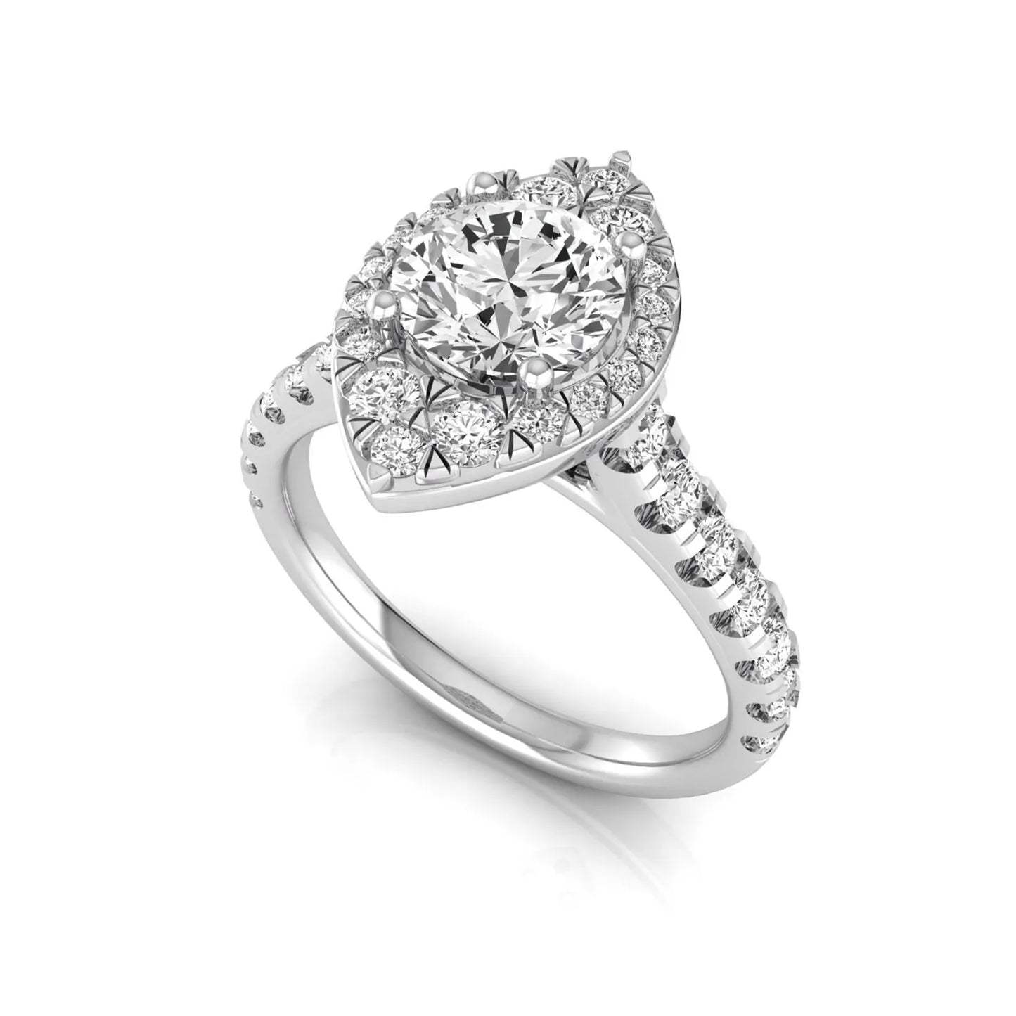 Round cut lab grown diamond engagement ring with a sparkling halo, pavé side stones, and four-prong setting in white gold style.