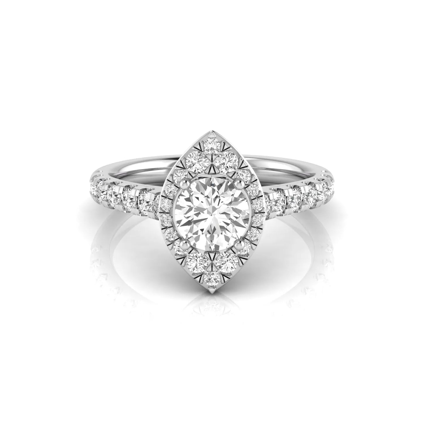 Round cut lab grown diamond engagement ring with a sparkling halo, pavé side stones, and four-prong setting in white gold style.