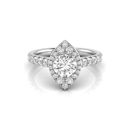 Round cut lab grown diamond engagement ring with a sparkling halo, pavé side stones, and four-prong setting in white gold style.