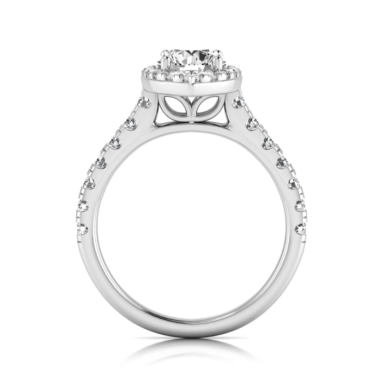 Round cut lab grown diamond engagement ring with a sparkling halo, pavé side stones, and four-prong setting in white gold style.
