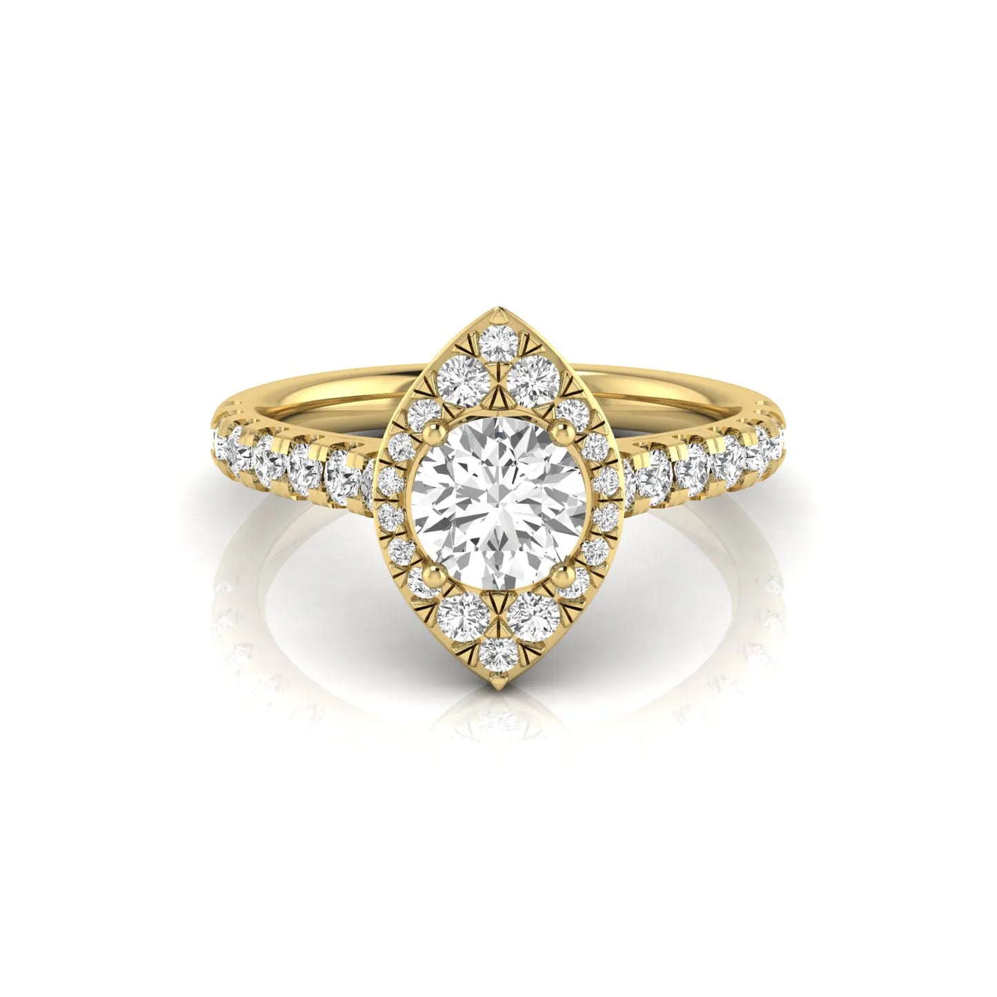 Round cut lab grown diamond engagement ring with a sparkling halo, pavé side stones, and four-prong setting in yellow gold style.