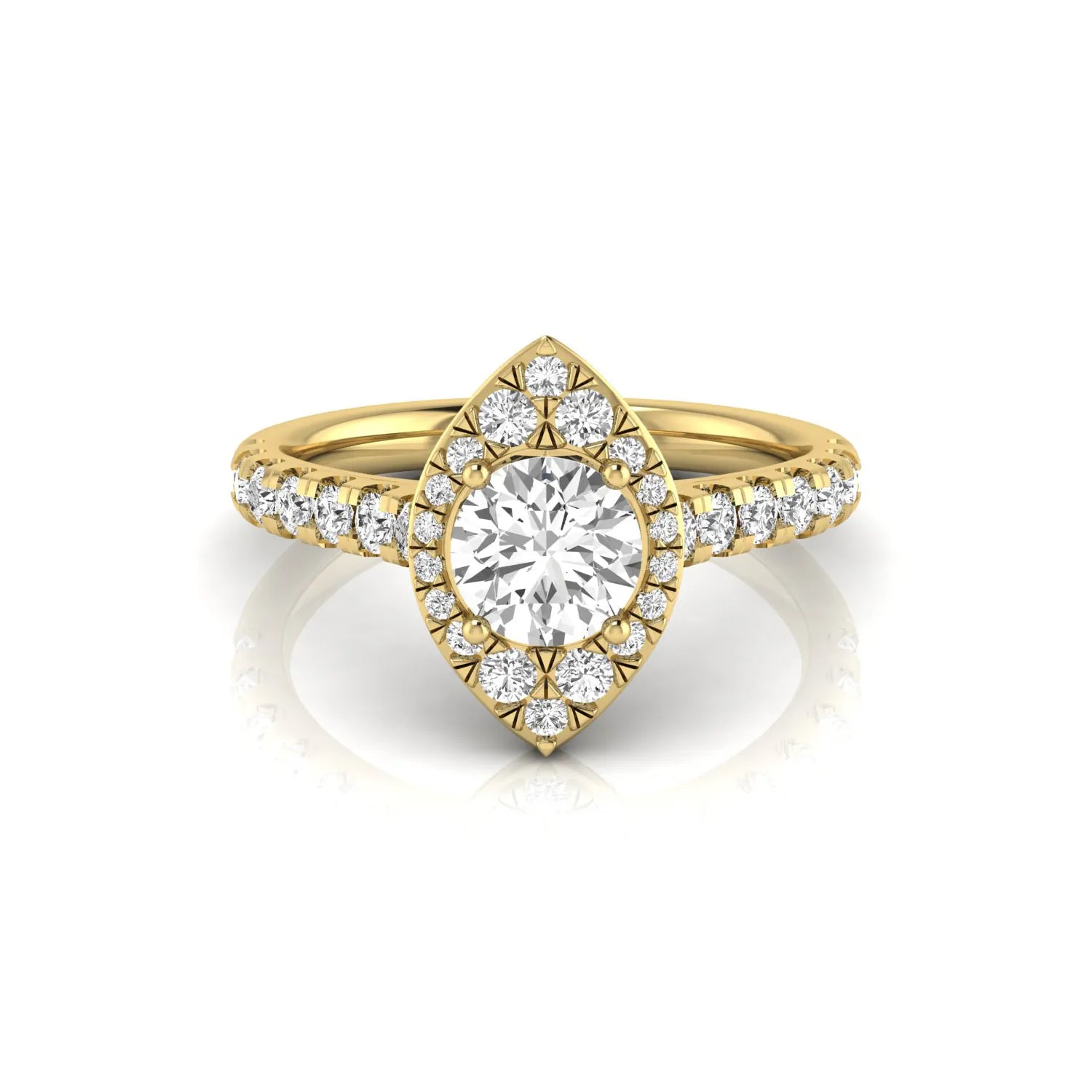 Round cut lab grown diamond engagement ring with a sparkling halo, pavé side stones, and four-prong setting in yellow gold style.
