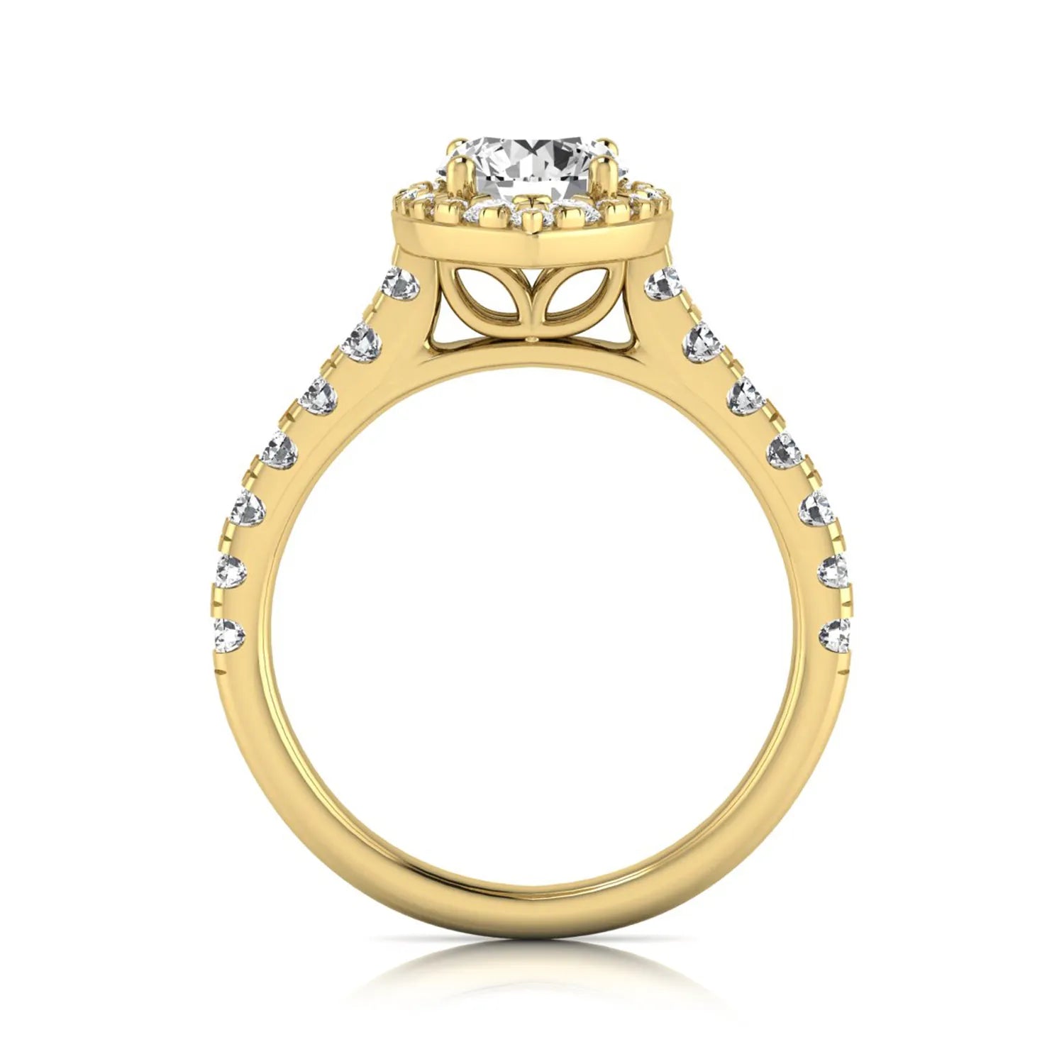 Round cut lab grown diamond engagement ring with a sparkling halo, pavé side stones, and four-prong setting in yellow gold style.