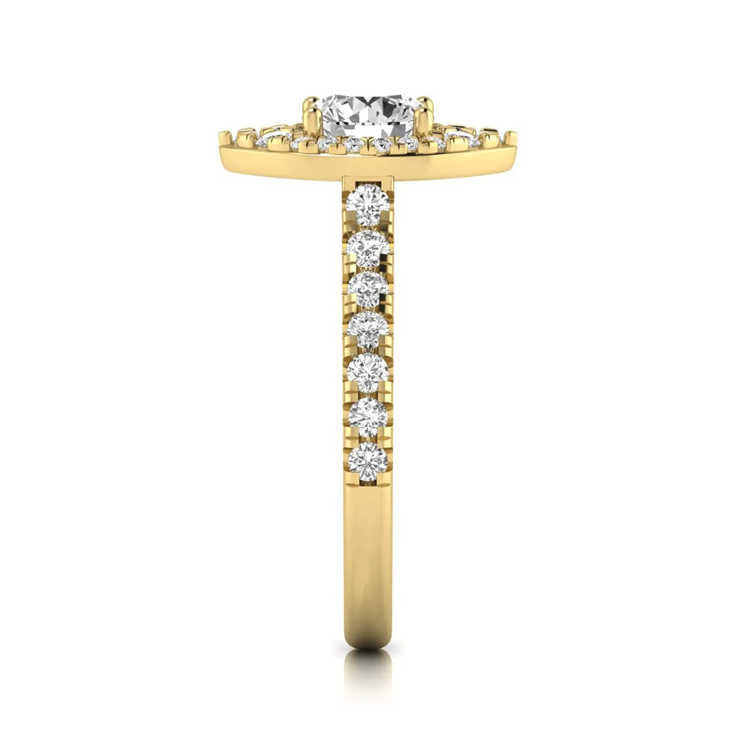 Round cut lab grown diamond engagement ring with a sparkling halo, pavé side stones, and four-prong setting in yellow gold style.