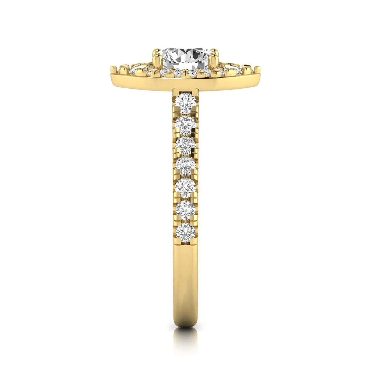 Round cut lab grown diamond engagement ring with a sparkling halo, pavé side stones, and four-prong setting in yellow gold style.