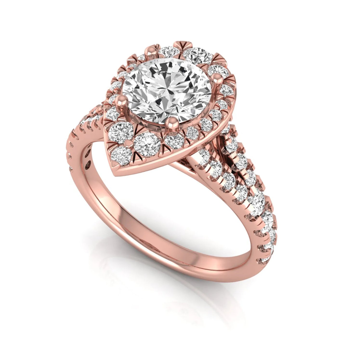 Round halo split shank lab grown diamond engagement ring featuring a round center diamond with pavé halo, cathedral gallery, and pavé-set split shank in rose gold tone.