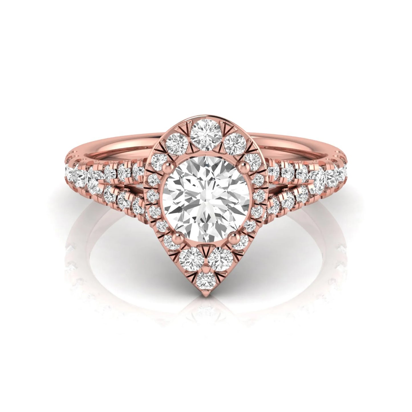 Round halo split shank lab grown diamond engagement ring featuring a round center diamond with pavé halo, cathedral gallery, and pavé-set split shank in rose gold tone.