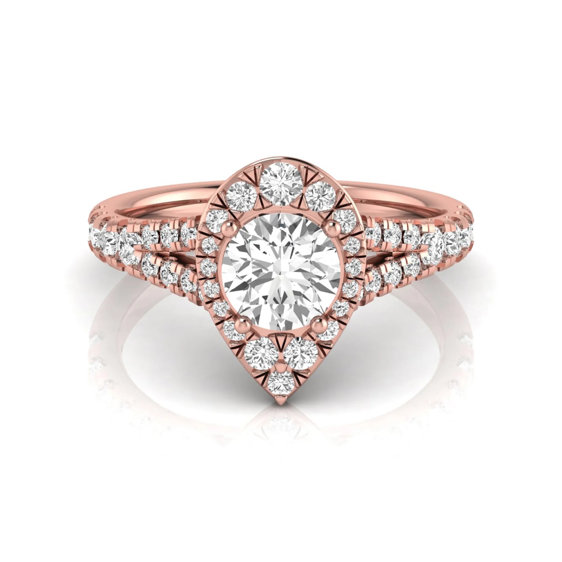Round halo split shank lab grown diamond engagement ring featuring a round center diamond with pavé halo, cathedral gallery, and pavé-set split shank in rose gold tone.