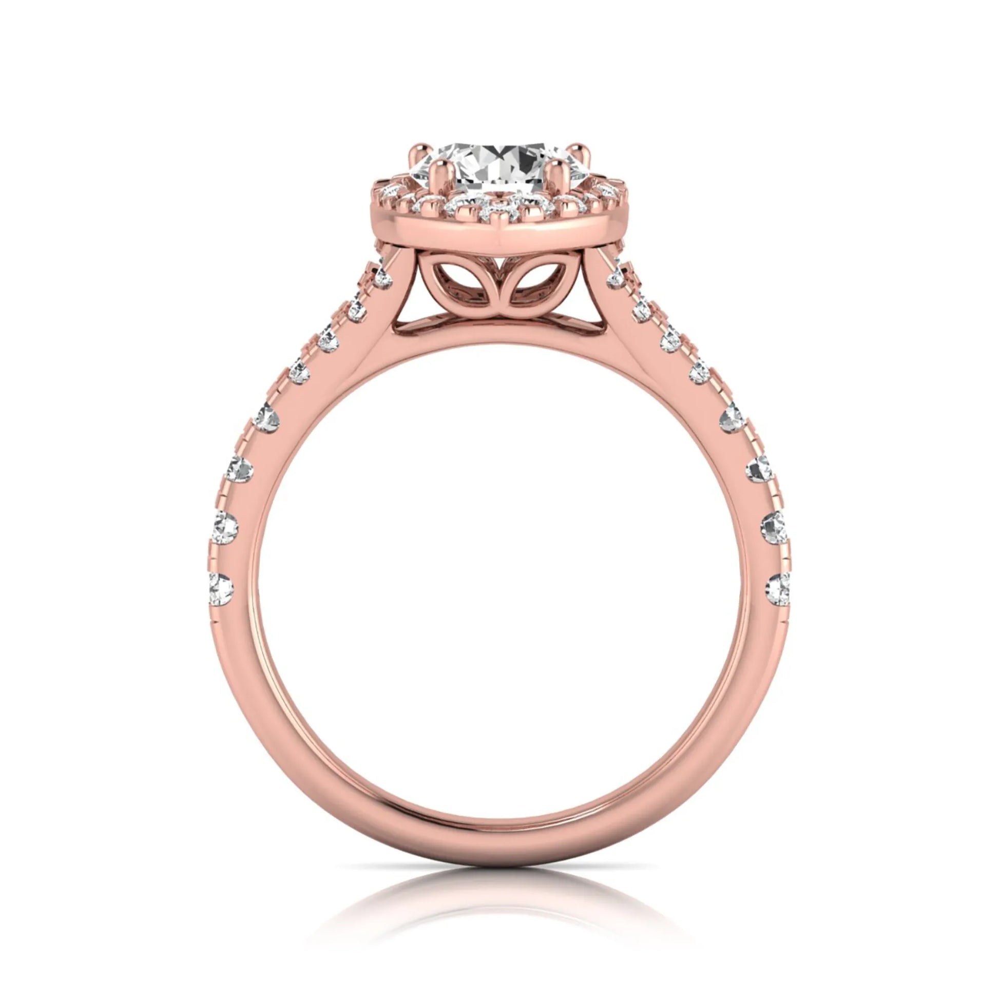 Round halo split shank lab grown diamond engagement ring featuring a round center diamond with pavé halo, cathedral gallery, and pavé-set split shank in rose gold tone.
